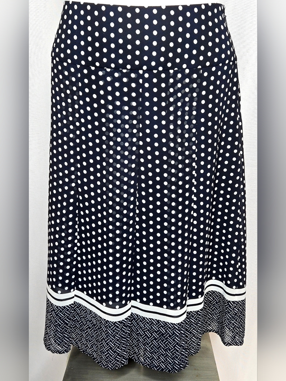 Jones Wear Navy White Mixed Print Polka Dot Basketweave A-Line Skirt 8 NWOT